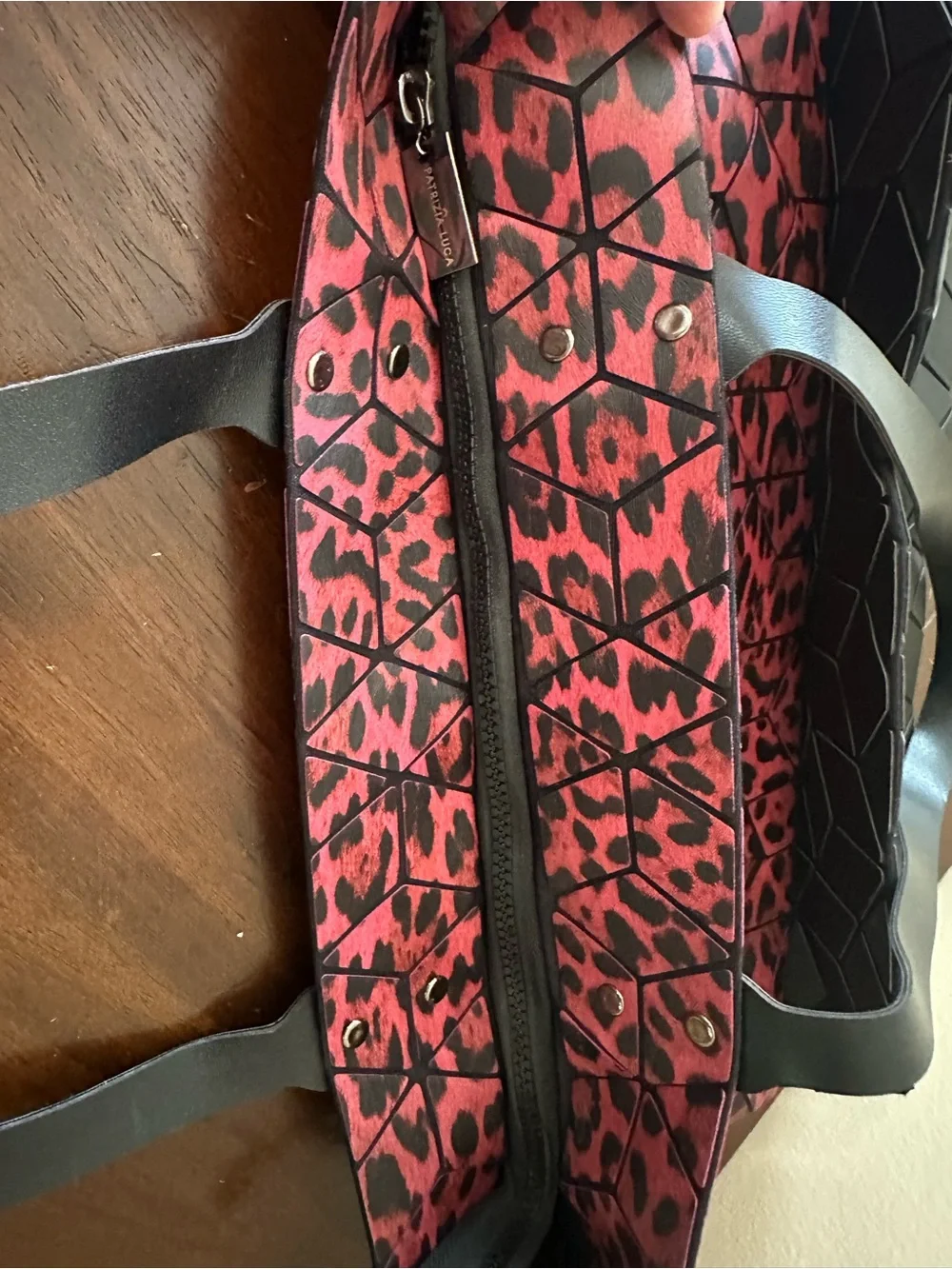 NWOT Patrizia Luca Red Leopard Print Tote with Black Geometric Base